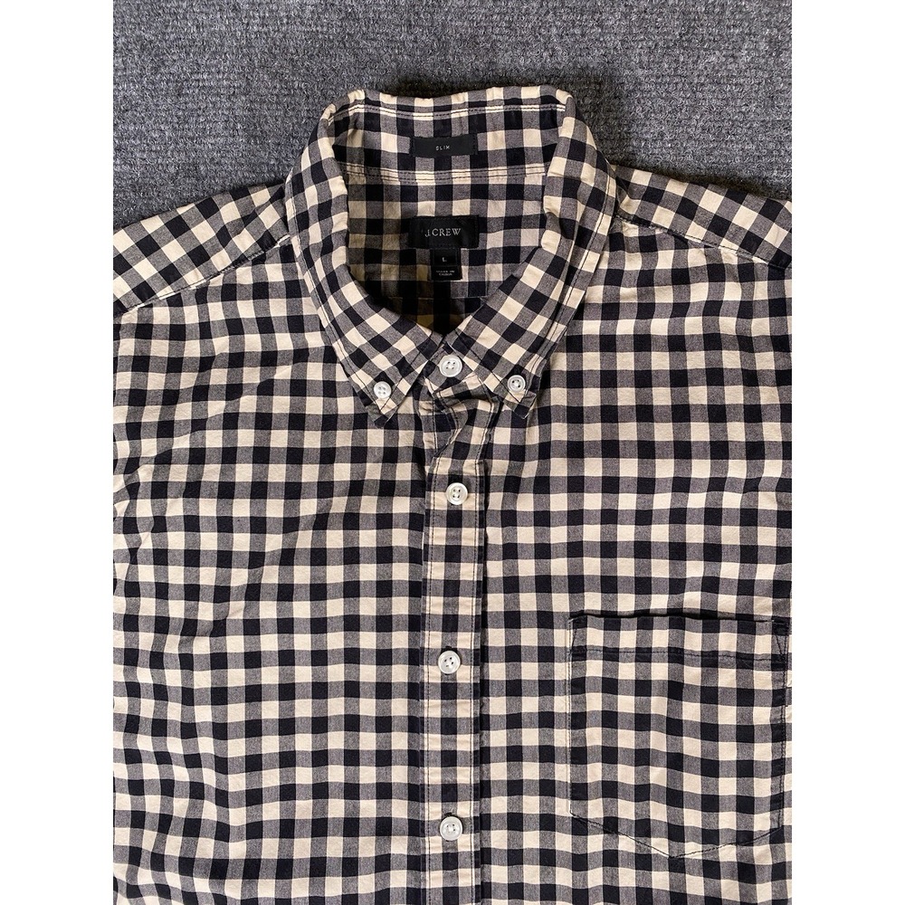 J Crew Button Down Preppy Shirt Mens Large Plaid Black/Tan Slim Fit Long Sleeve